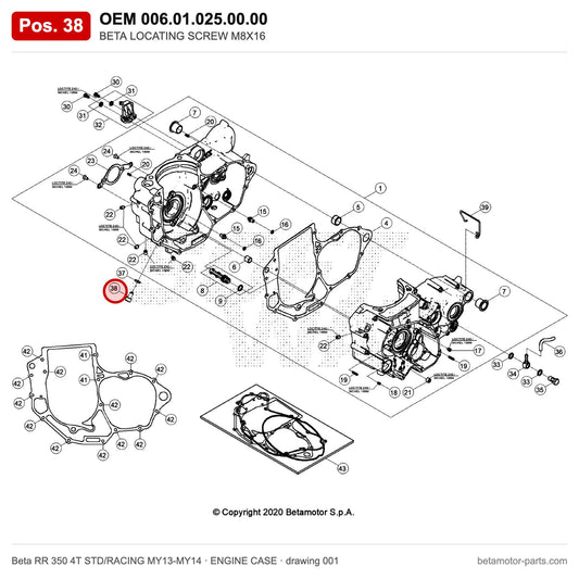 BETA LOCATING SCREW M8X16 – OEM 006.01.025.00.00, position 38 on the Beta RR 350 4T STD/RACING MY13-MY14 engine case drawing