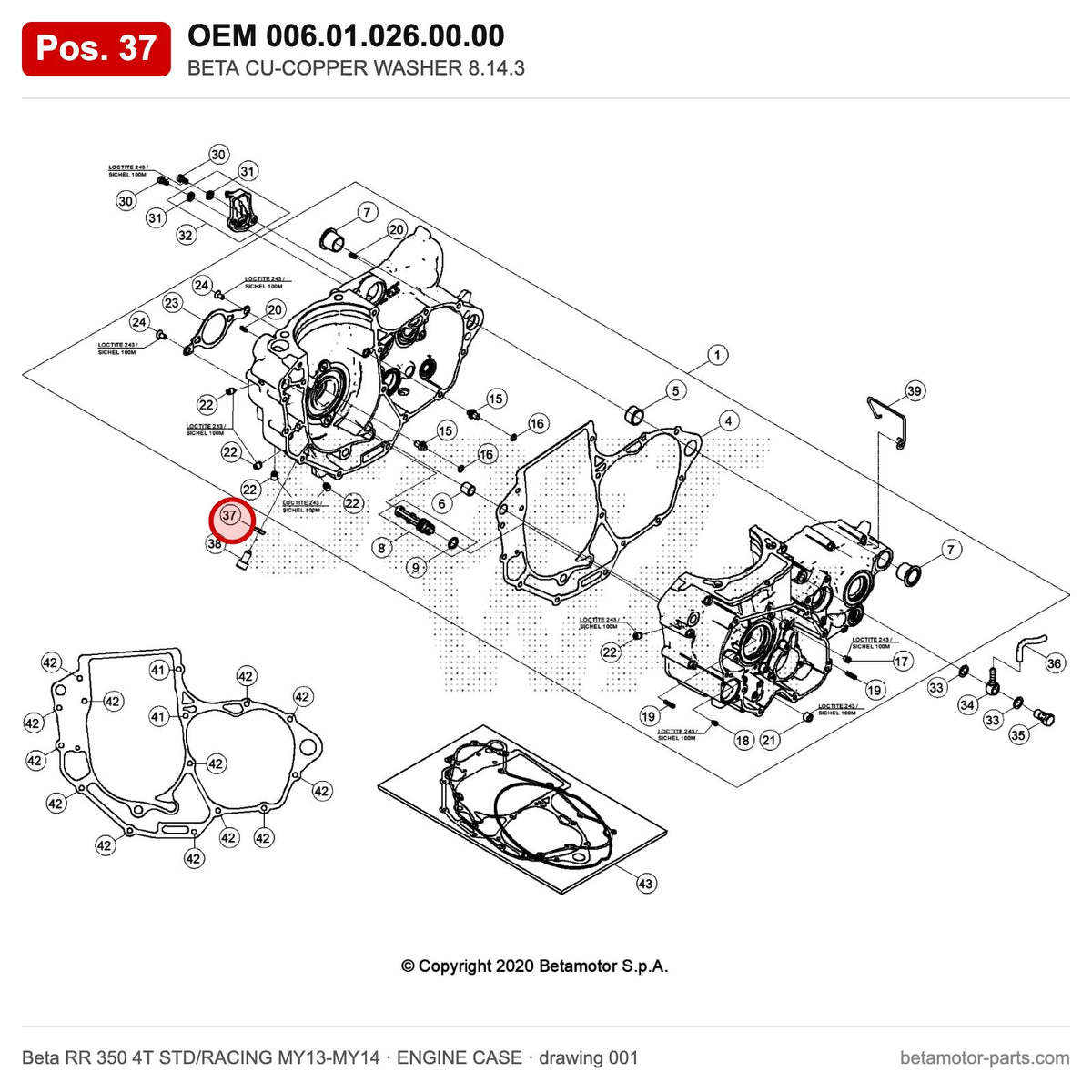 BETA CU-COPPER WASHER 8.14.3 – OEM 006.01.026.00.00, position 37 on the Beta RR 350 4T STD/RACING MY13-MY14 engine case drawing