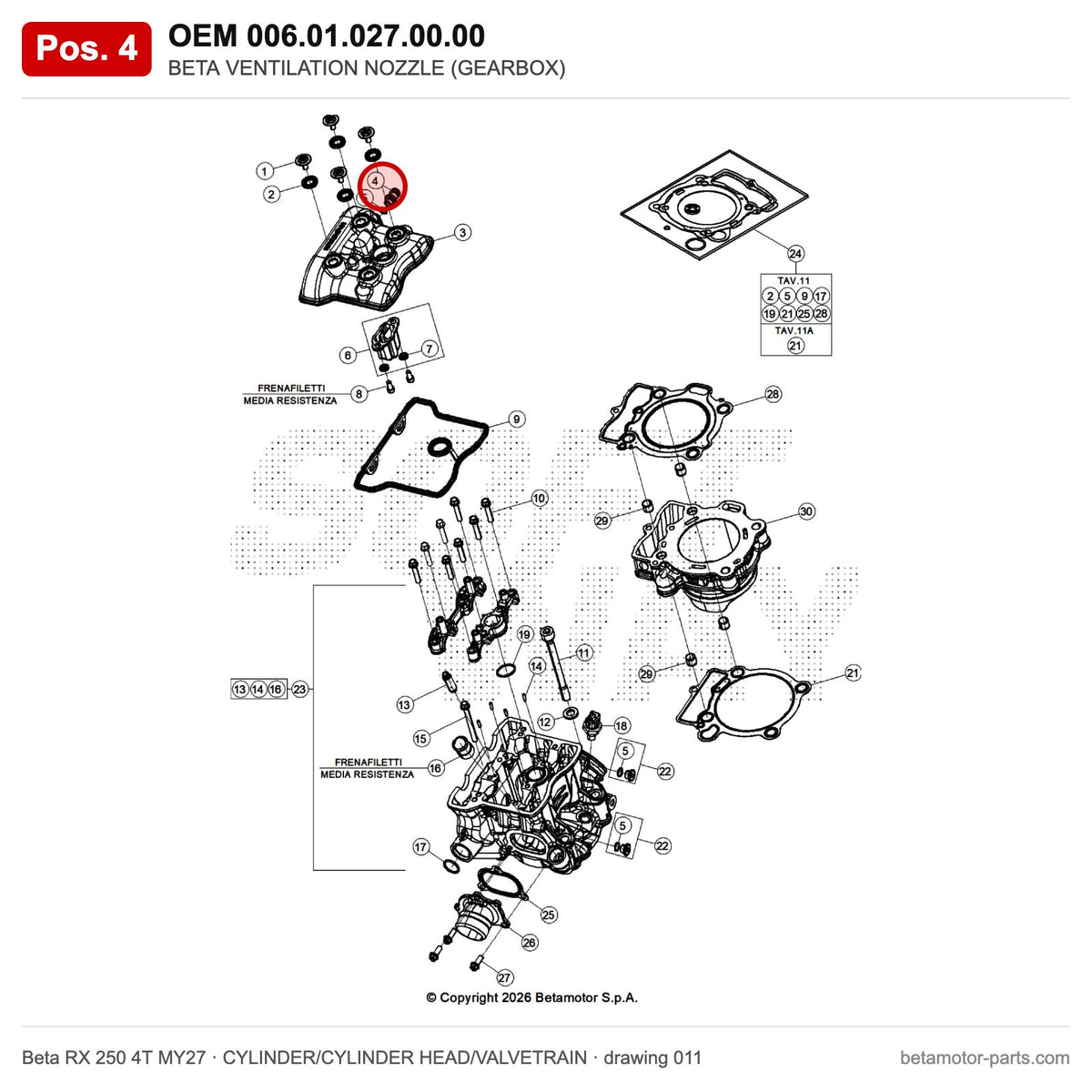 BETA VENTILATION NOZZLE (GEARBOX) – OEM 006.01.027.00.00, position 4 on the Beta RX 250 4T MY27 cylinder/cylinder head/valvetrain drawing
