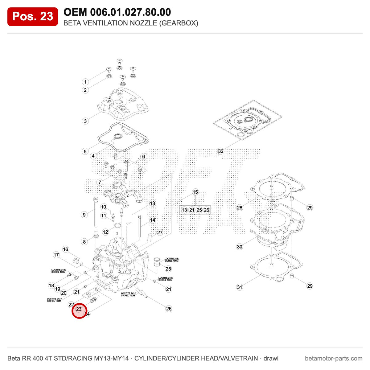 BETA VENTILATION NOZZLE (GEARBOX) – OEM 006.01.027.80.00, position 23 on the Beta RR 400 4T STD/RACING MY13-MY14 cylinder/cylinder head/valvetrain drawing