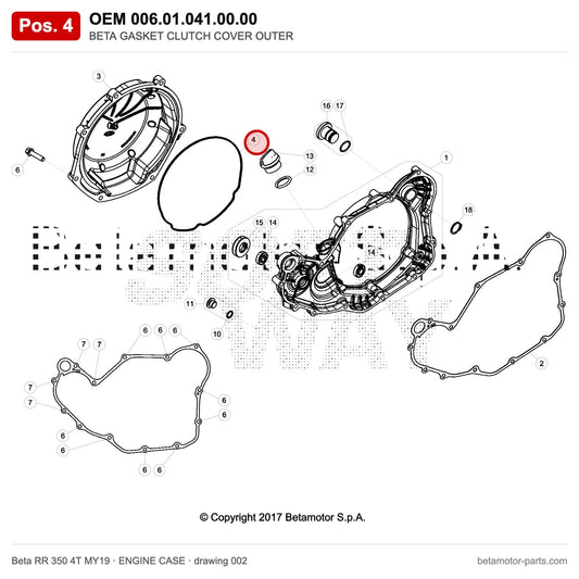 BETA GASKET CLUTCH COVER OUTER – OEM 006.01.041.00.00, position 4 on the Beta RR 350 4T MY19 engine case drawing