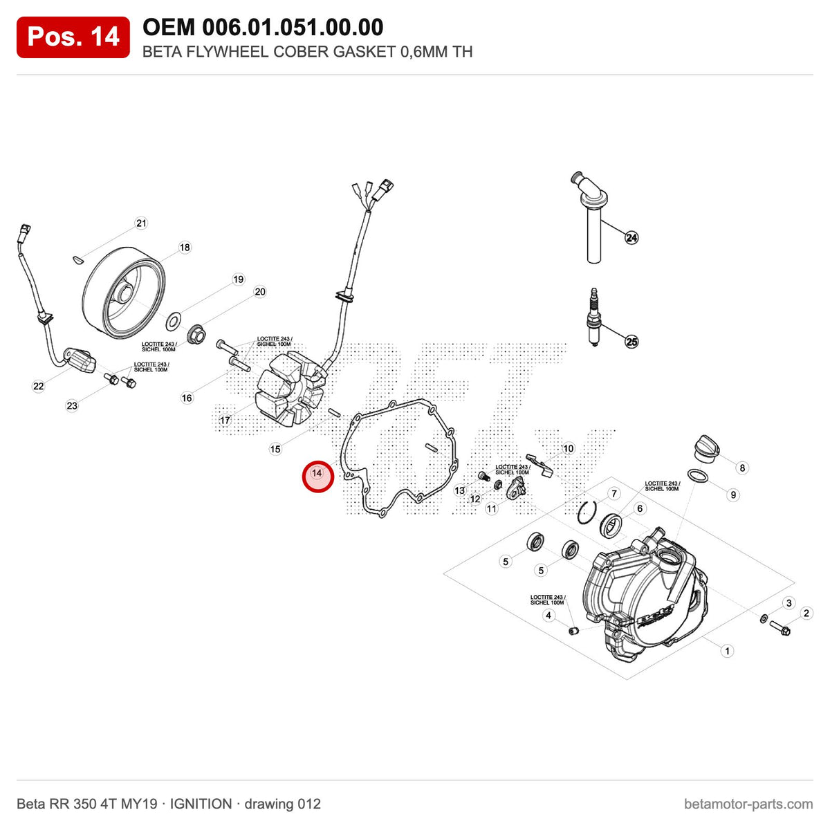 BETA FLYWHEEL COBER GASKET 0,6MM TH – OEM 006.01.051.00.00, position 14 on the Beta RR 350 4T MY19 ignition drawing