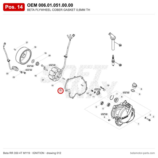 BETA FLYWHEEL COBER GASKET 0,6MM TH – OEM 006.01.051.00.00, position 14 on the Beta RR 350 4T MY19 ignition drawing