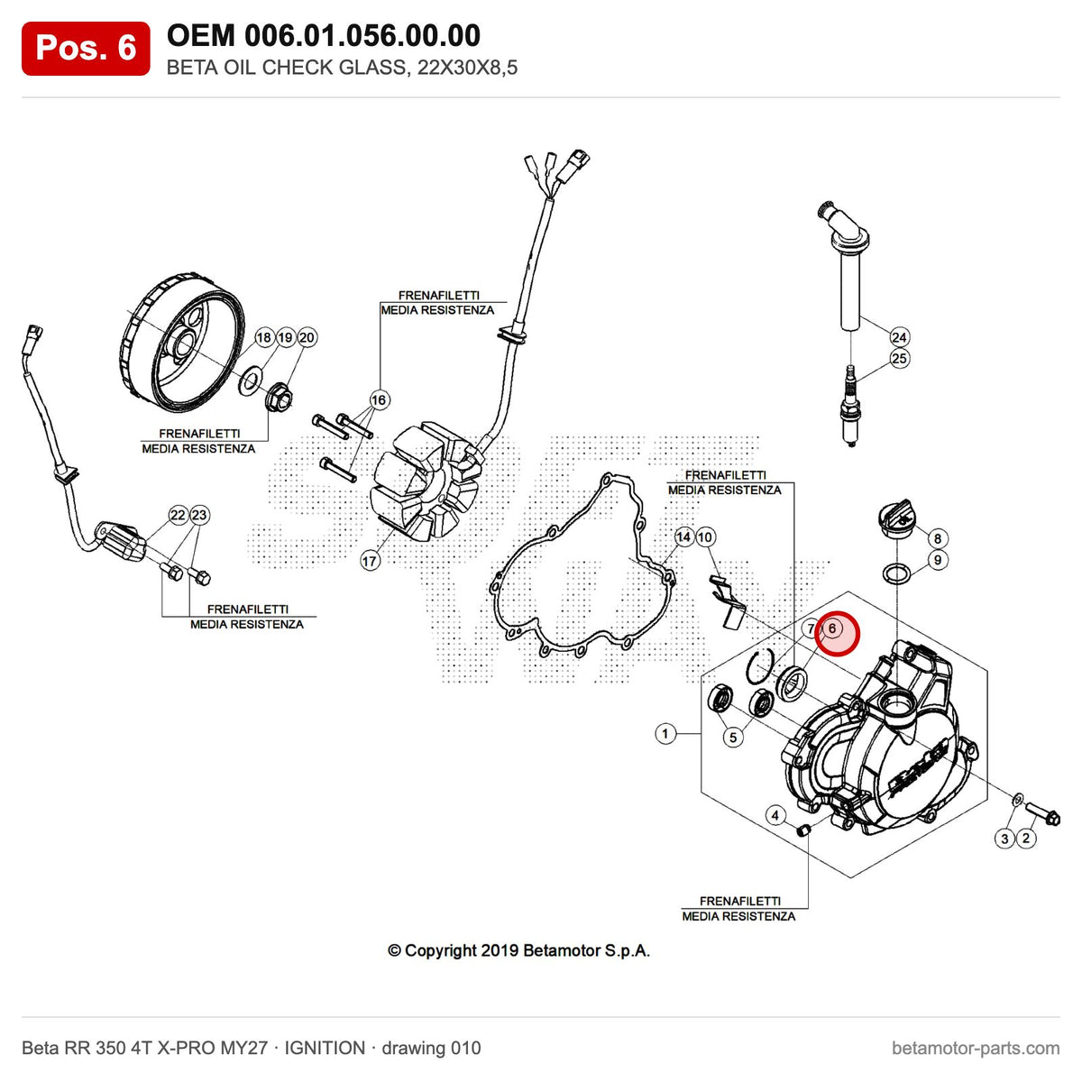 BETA OIL CHECK GLASS, 22X30X8,5 – OEM 006.01.056.00.00, position 6 on the Beta RR 350 4T X-PRO MY27 ignition drawing