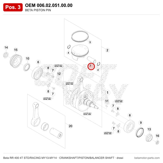 BETA PISTON PIN – OEM 006.02.051.00.00, position 3 on the Beta RR 400 4T STD/RACING MY13-MY14 crankshaft/piston/balancer shaft drawing