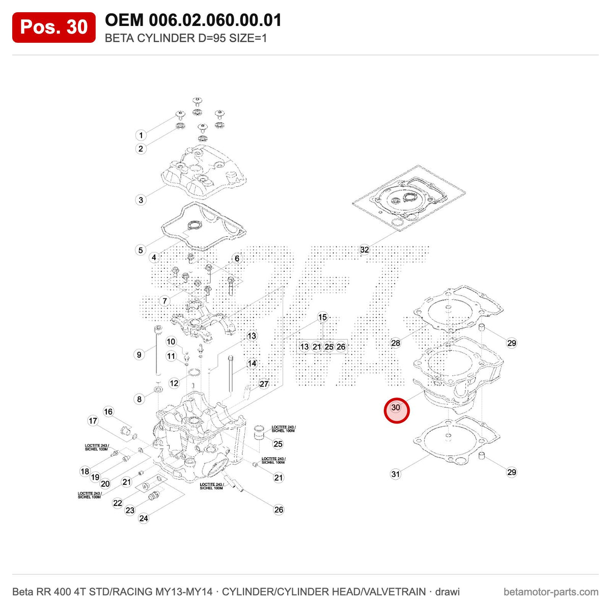 BETA CYLINDER D=95 SIZE=1 – OEM 006.02.060.00.01, position 30 on the Beta RR 400 4T STD/RACING MY13-MY14 cylinder/cylinder head/valvetrain drawing