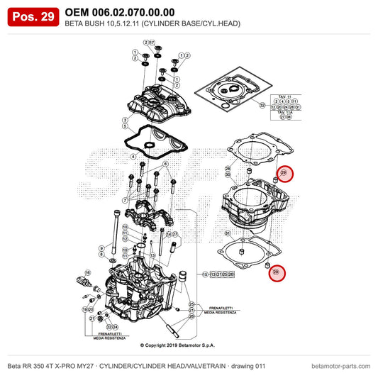 BETA BUSH 10,5.12.11 (CYLINDER BASE/CYL.HEAD) – OEM 006.02.070.00.00, position 29 on the Beta RR 350 4T X-PRO MY27 cylinder/cylinder head/valvetrain drawing