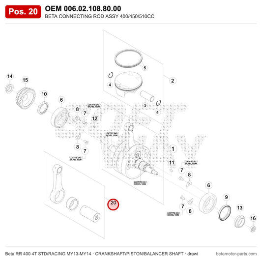 BETA CONNECTING ROD ASSY 400/450/510CC – OEM 006.02.108.80.00, position 20 on the Beta RR 400 4T STD/RACING MY13-MY14 crankshaft/piston/balancer shaft drawing