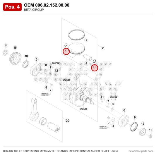 BETA CIRCLIP – OEM 006.02.152.00.00, position 4 on the Beta RR 400 4T STD/RACING MY13-MY14 crankshaft/piston/balancer shaft drawing