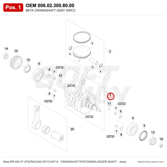 BETA CRANKSHAFT ASSY 400CC – OEM 006.02.300.80.00, position 1 on the Beta RR 400 4T STD/RACING MY13-MY14 crankshaft/piston/balancer shaft drawing