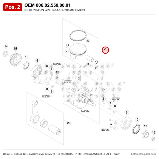 BETA PISTON CPL. 400CC D=95MM SIZE=1 – OEM 006.02.550.80.01, position 2 on the Beta RR 400 4T STD/RACING MY13-MY14 crankshaft/piston/balancer shaft drawing