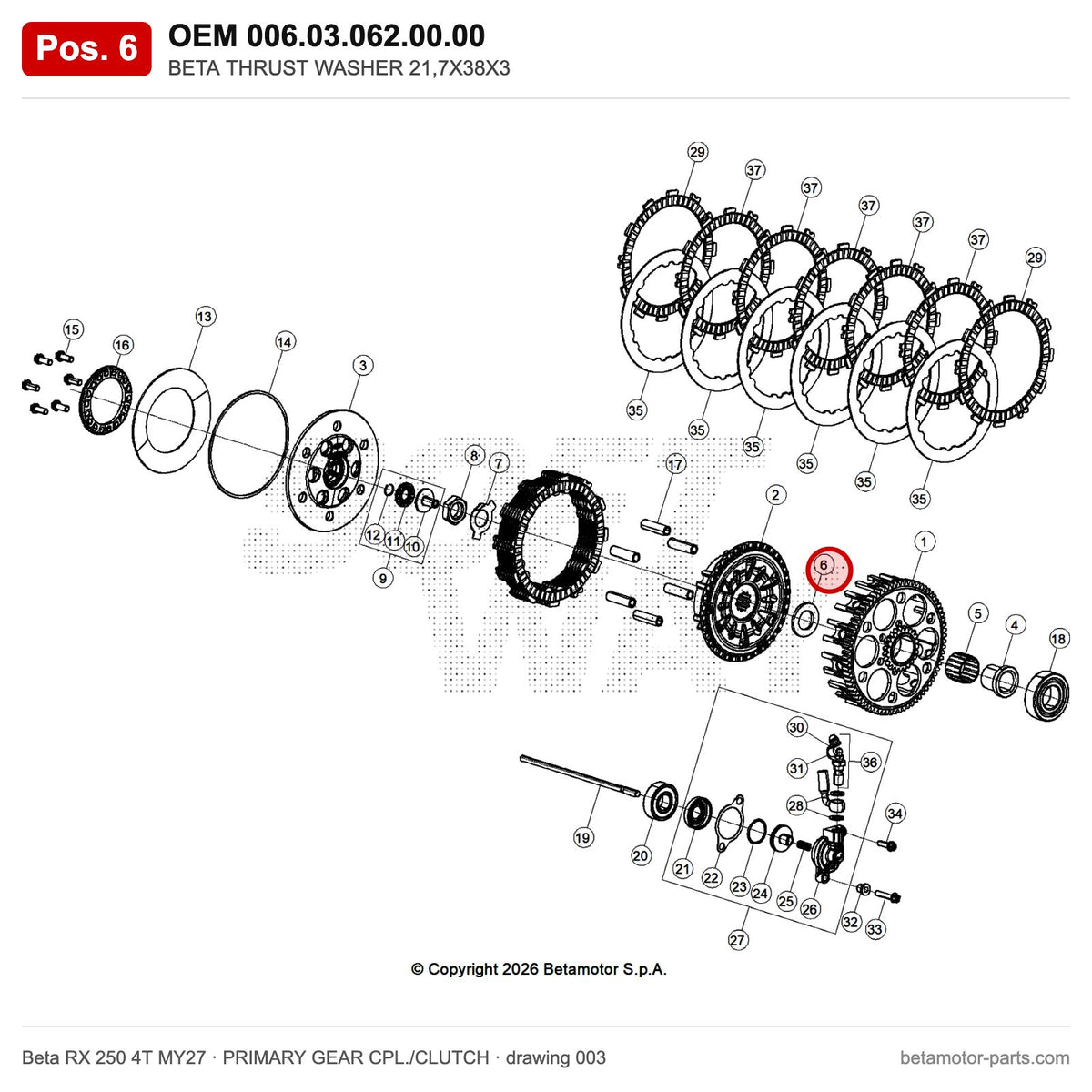BETA THRUST WASHER 21,7X38X3 – OEM 006.03.062.00.00, position 6 on the Beta RX 250 4T MY27 primary gear cpl./clutch drawing