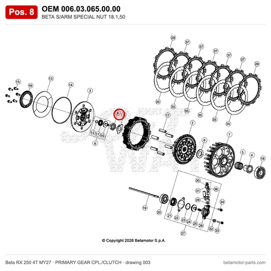 BETA S/ARM SPECIAL NUT 18.1,50 – OEM 006.03.065.00.00, position 8 on the Beta RX 250 4T MY27 primary gear cpl./clutch drawing