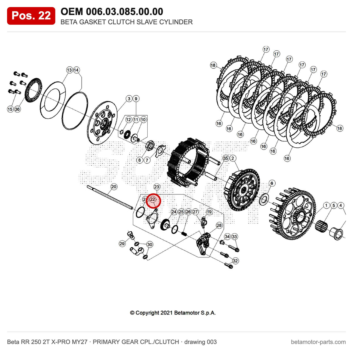 BETA GASKET CLUTCH SLAVE CYLINDER – OEM 006.03.085.00.00, position 22 on the Beta RR 250 2T X-PRO MY27 primary gear cpl./clutch drawing
