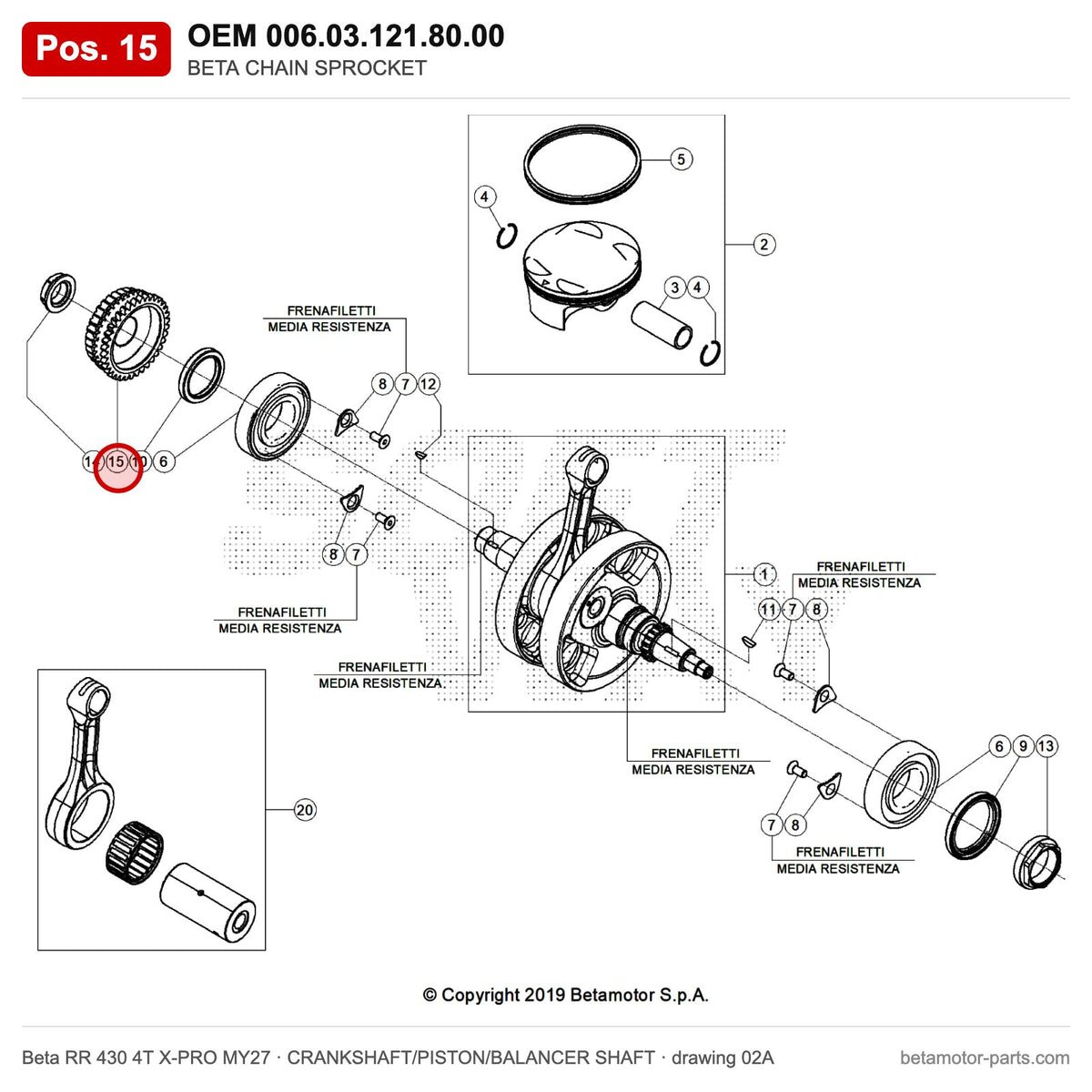 BETA CHAIN SPROCKET – OEM 006.03.121.80.00, position 15 on the Beta RR 430 4T X-PRO MY27 crankshaft/piston/balancer shaft drawing