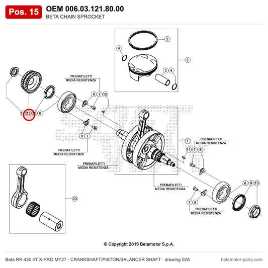BETA CHAIN SPROCKET – OEM 006.03.121.80.00, position 15 on the Beta RR 430 4T X-PRO MY27 crankshaft/piston/balancer shaft drawing