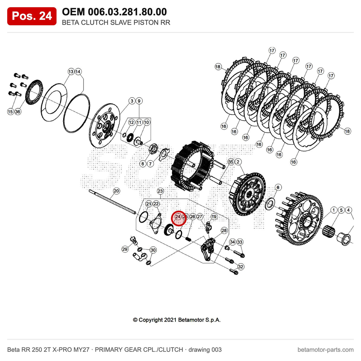 BETA CLUTCH SLAVE PISTON RR – OEM 006.03.281.80.00, position 24 on the Beta RR 250 2T X-PRO MY27 primary gear cpl./clutch drawing