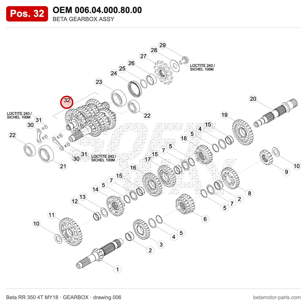 BETA GEARBOX ASSY – OEM 006.04.000.80.00, position 32 on the Beta RR 350 4T MY18 gearbox drawing