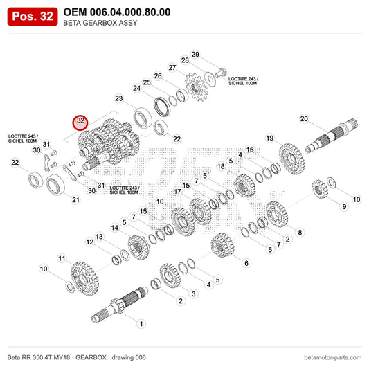 BETA GEARBOX ASSY – OEM 006.04.000.80.00, position 32 on the Beta RR 350 4T MY18 gearbox drawing