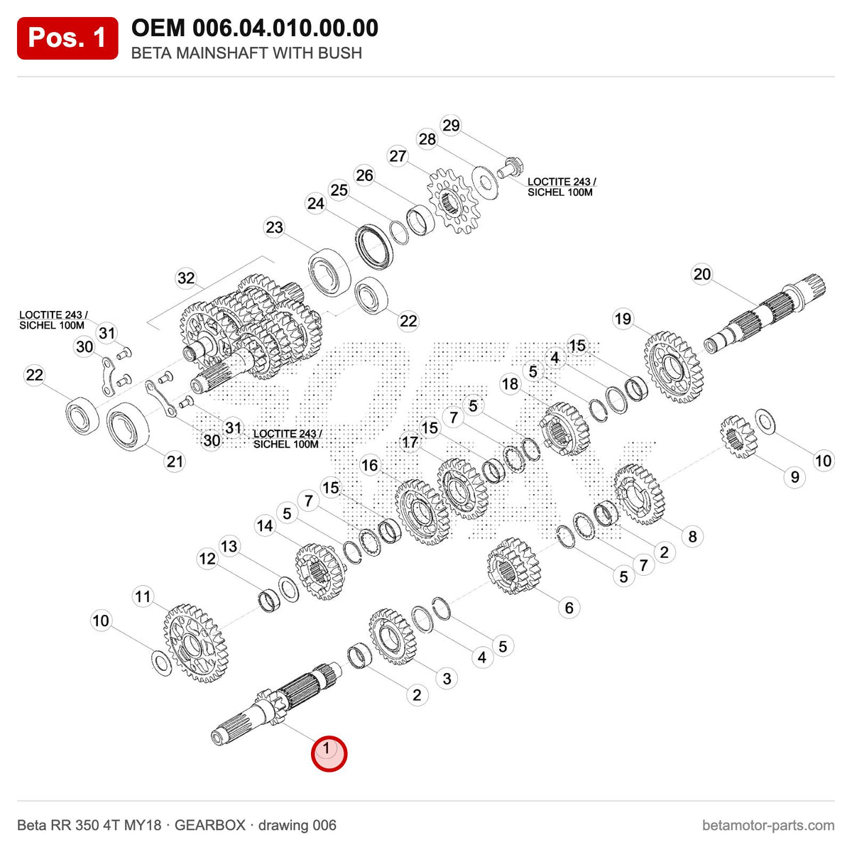 BETA MAINSHAFT WITH BUSH – OEM 006.04.010.00.00, position 1 on the Beta RR 350 4T MY18 gearbox drawing