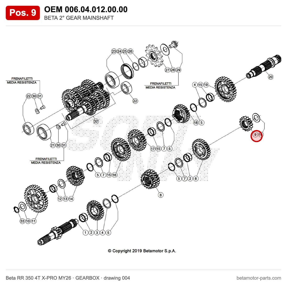 BETA 2° GEAR MAINSHAFT – OEM 006.04.012.00.00, position 9 on the Beta RR 350 4T X-PRO MY26 gearbox drawing
