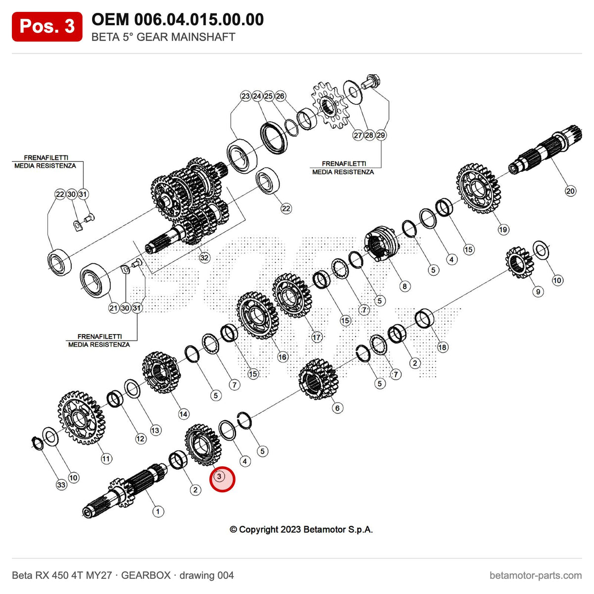 BETA 5° GEAR MAINSHAFT – OEM 006.04.015.00.00, position 3 on the Beta RX 450 4T MY27 gearbox drawing