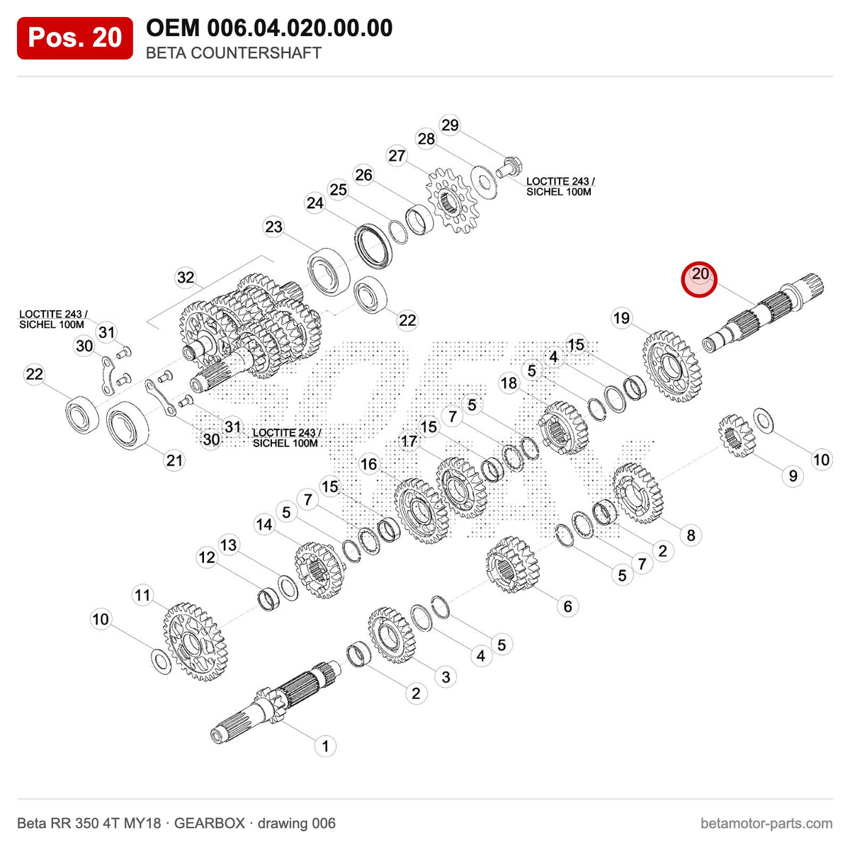 BETA COUNTERSHAFT – OEM 006.04.020.00.00, position 20 on the Beta RR 350 4T MY18 gearbox drawing