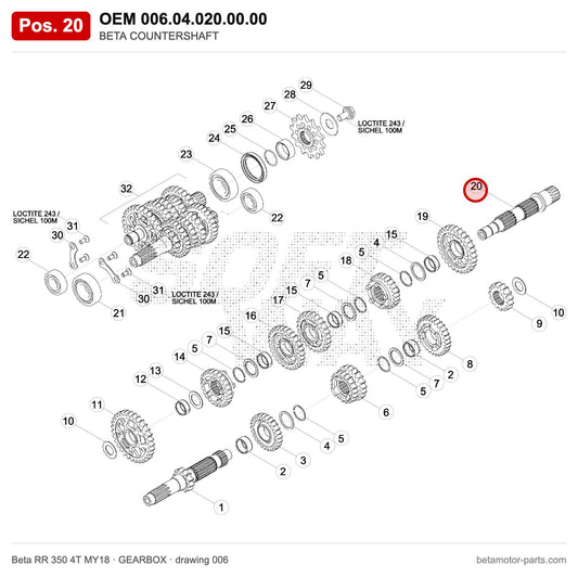 BETA COUNTERSHAFT – OEM 006.04.020.00.00, position 20 on the Beta RR 350 4T MY18 gearbox drawing