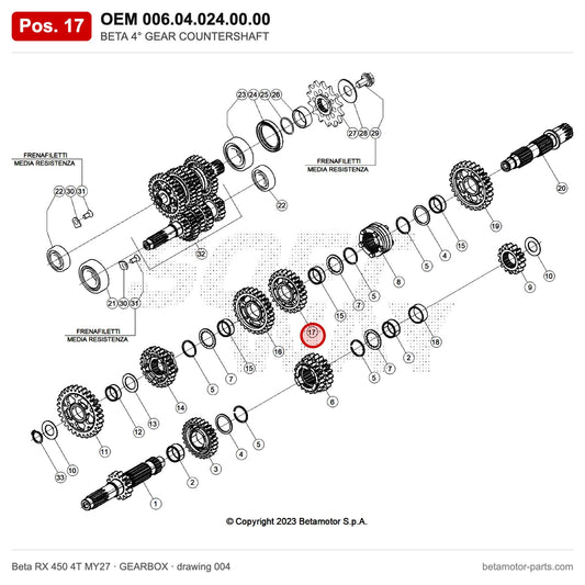 BETA 4° GEAR COUNTERSHAFT – OEM 006.04.024.00.00, position 17 on the Beta RX 450 4T MY27 gearbox drawing