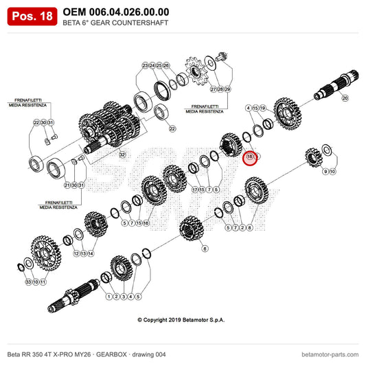 BETA 6° GEAR COUNTERSHAFT – OEM 006.04.026.00.00, position 18 on the Beta RR 350 4T X-PRO MY26 gearbox drawing