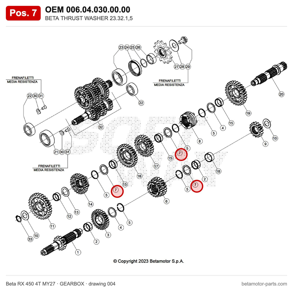 BETA THRUST WASHER 23.32.1,5 – OEM 006.04.030.00.00, position 7 on the Beta RX 450 4T MY27 gearbox drawing
