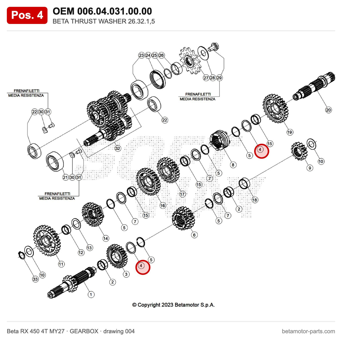 BETA THRUST WASHER 26.32.1,5 – OEM 006.04.031.00.00, position 4 on the Beta RX 450 4T MY27 gearbox drawing