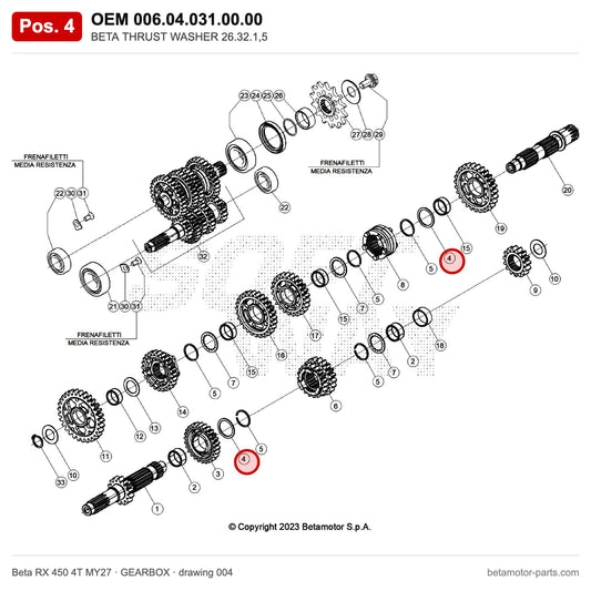 BETA THRUST WASHER 26.32.1,5 – OEM 006.04.031.00.00, position 4 on the Beta RX 450 4T MY27 gearbox drawing
