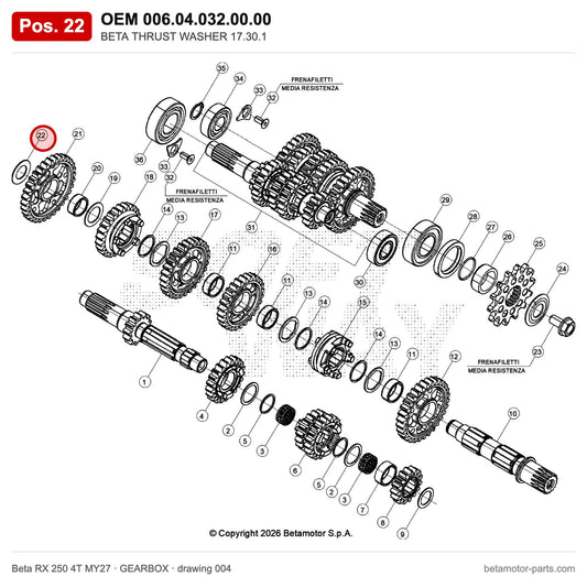 BETA THRUST WASHER 17.30.1 – OEM 006.04.032.00.00, position 22 on the Beta RX 250 4T MY27 gearbox drawing