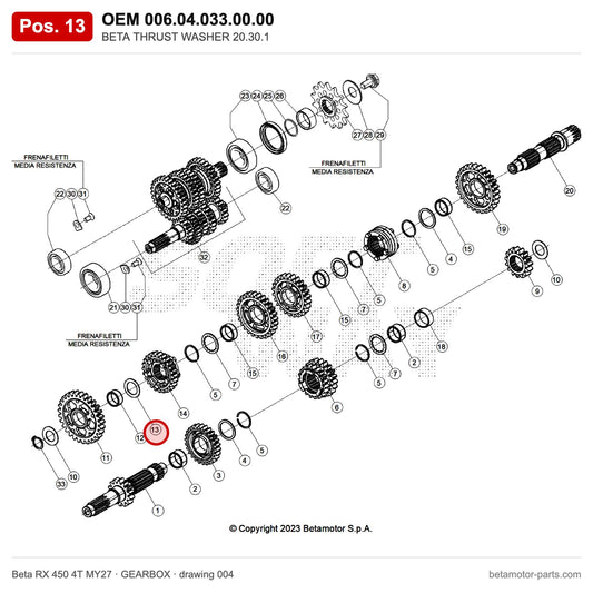 BETA THRUST WASHER 20.30.1 – OEM 006.04.033.00.00, position 13 on the Beta RX 450 4T MY27 gearbox drawing