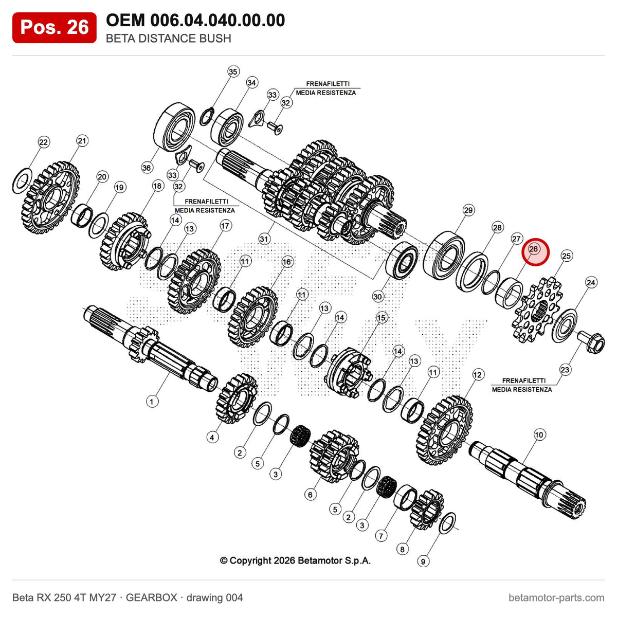 BETA DISTANCE BUSH – OEM 006.04.040.00.00, position 26 on the Beta RX 250 4T MY27 gearbox drawing