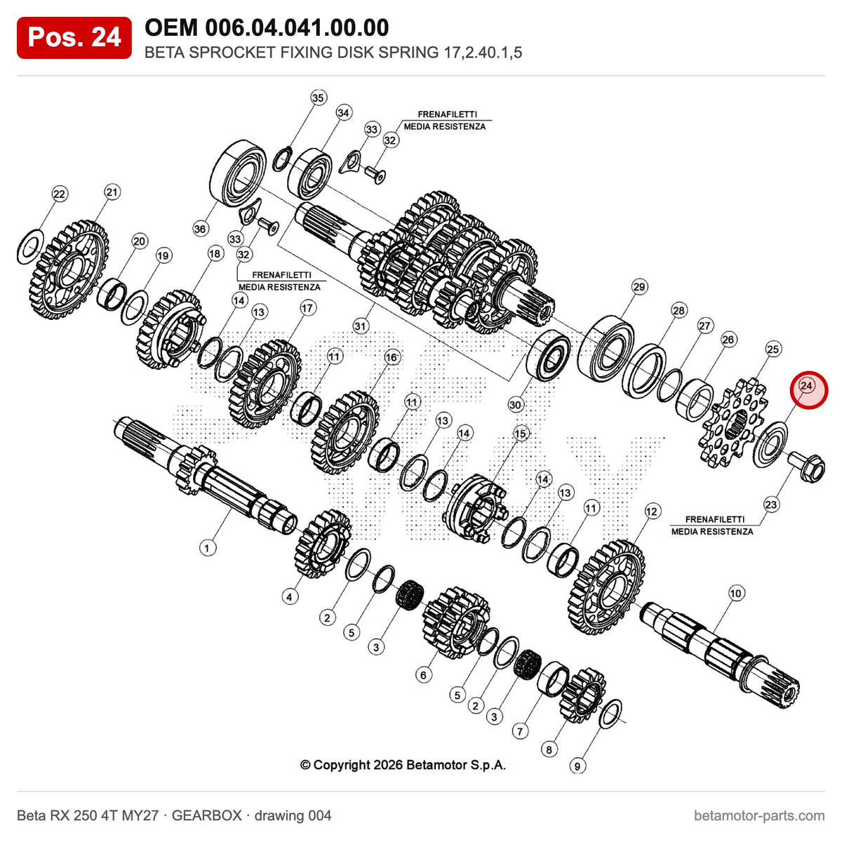 BETA SPROCKET FIXING DISK SPRING 17,2.40.1,5 – OEM 006.04.041.00.00, position 24 on the Beta RX 250 4T MY27 gearbox drawing