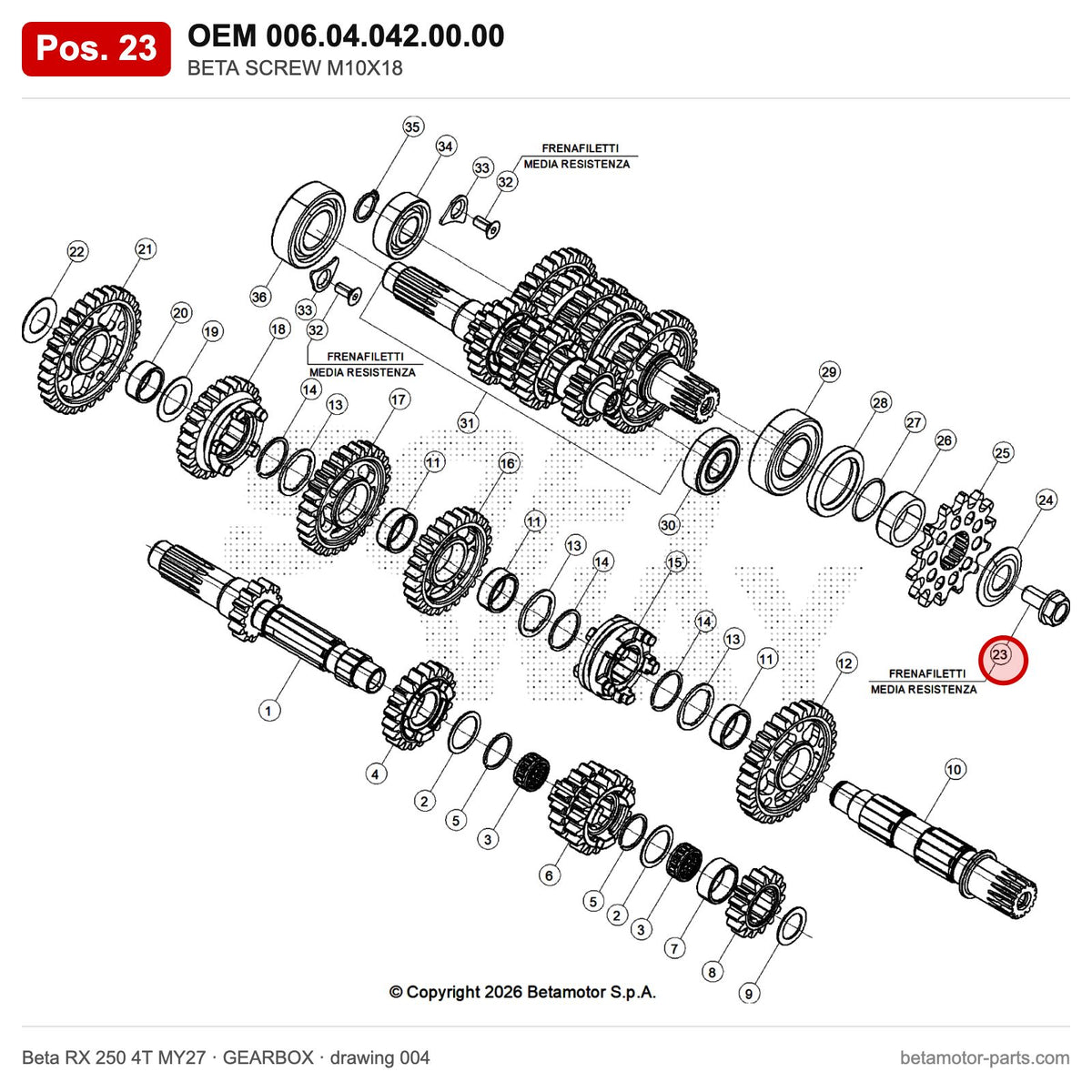 BETA SCREW M10X18 – OEM 006.04.042.00.00, position 23 on the Beta RX 250 4T MY27 gearbox drawing