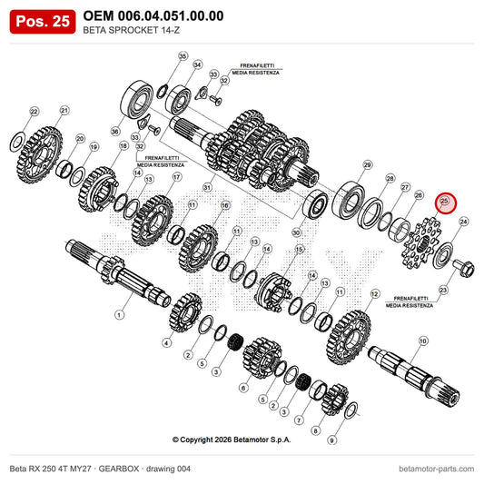 BETA PINION – OEM 006.04.051.00.00, position 25 on the Beta RX 250 4T MY27 gearbox drawing