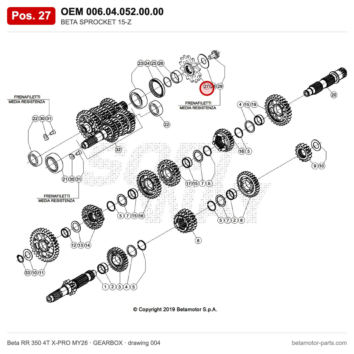 BETA SPROCKET 15-Z – OEM 006.04.052.00.00, position 27 on the Beta RR 350 4T X-PRO MY26 gearbox drawing