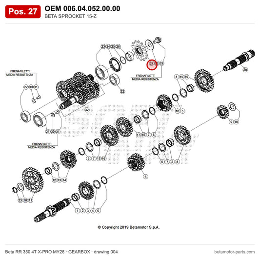 BETA SPROCKET 15-Z – OEM 006.04.052.00.00, position 27 on the Beta RR 350 4T X-PRO MY26 gearbox drawing