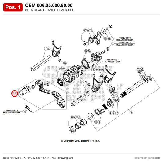 BETA GEAR CHANGE LEVER CPL – OEM 006.05.000.80.00, position 1 on the Beta RR 125 2T X-PRO MY27 shifting drawing