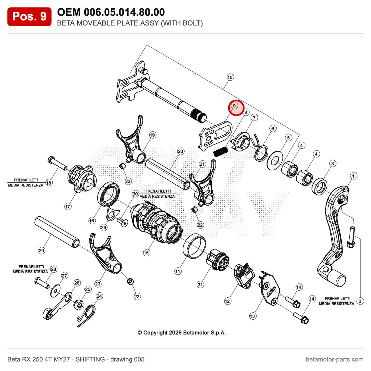 BETA MOVEABLE PLATE ASSY (WITH BOLT) – OEM 006.05.014.80.00, position 9 on the Beta RX 250 4T MY27 shifting drawing