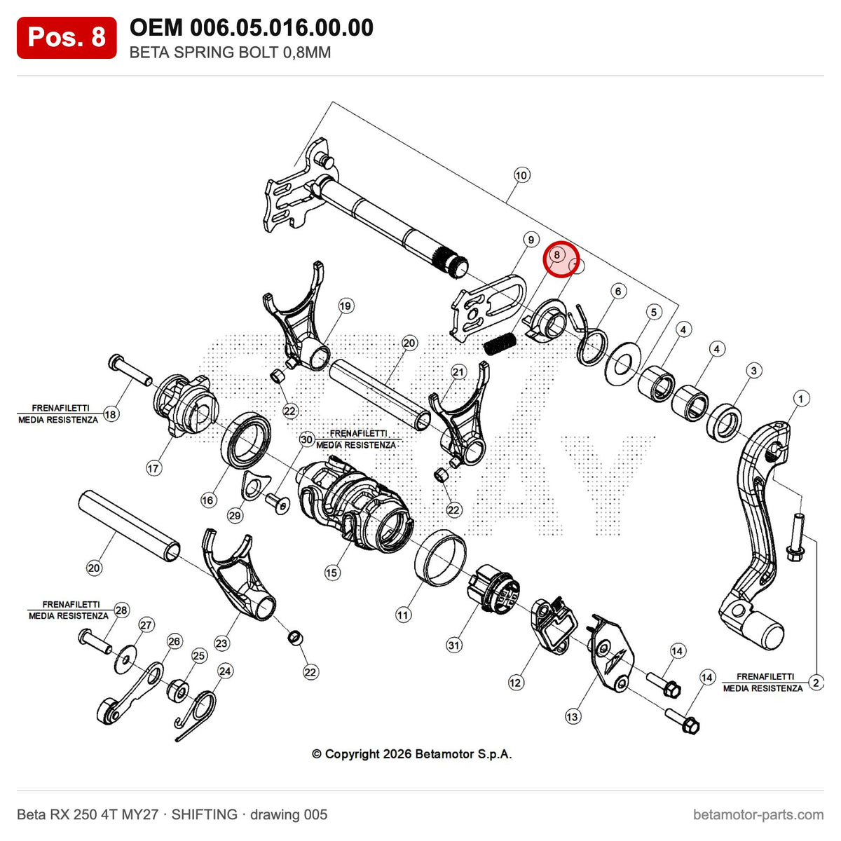 BETA SPRING BOLT 0,8MM – OEM 006.05.016.00.00, position 8 on the Beta RX 250 4T MY27 shifting drawing