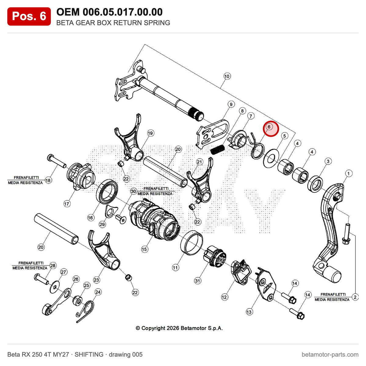 BETA GEAR BOX RETURN SPRING – OEM 006.05.017.00.00, position 6 on the Beta RX 250 4T MY27 shifting drawing