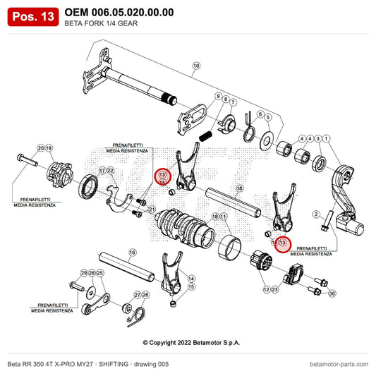 BETA FORK 1/4 GEAR – OEM 006.05.020.00.00, position 13 on the Beta RR 350 4T X-PRO MY27 shifting drawing