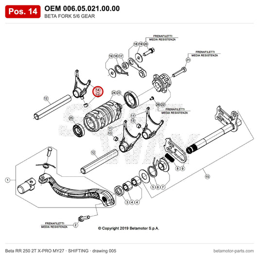 BETA FORK 5/6 GEAR – OEM 006.05.021.00.00, position 14 on the Beta RR 250 2T X-PRO MY27 shifting drawing