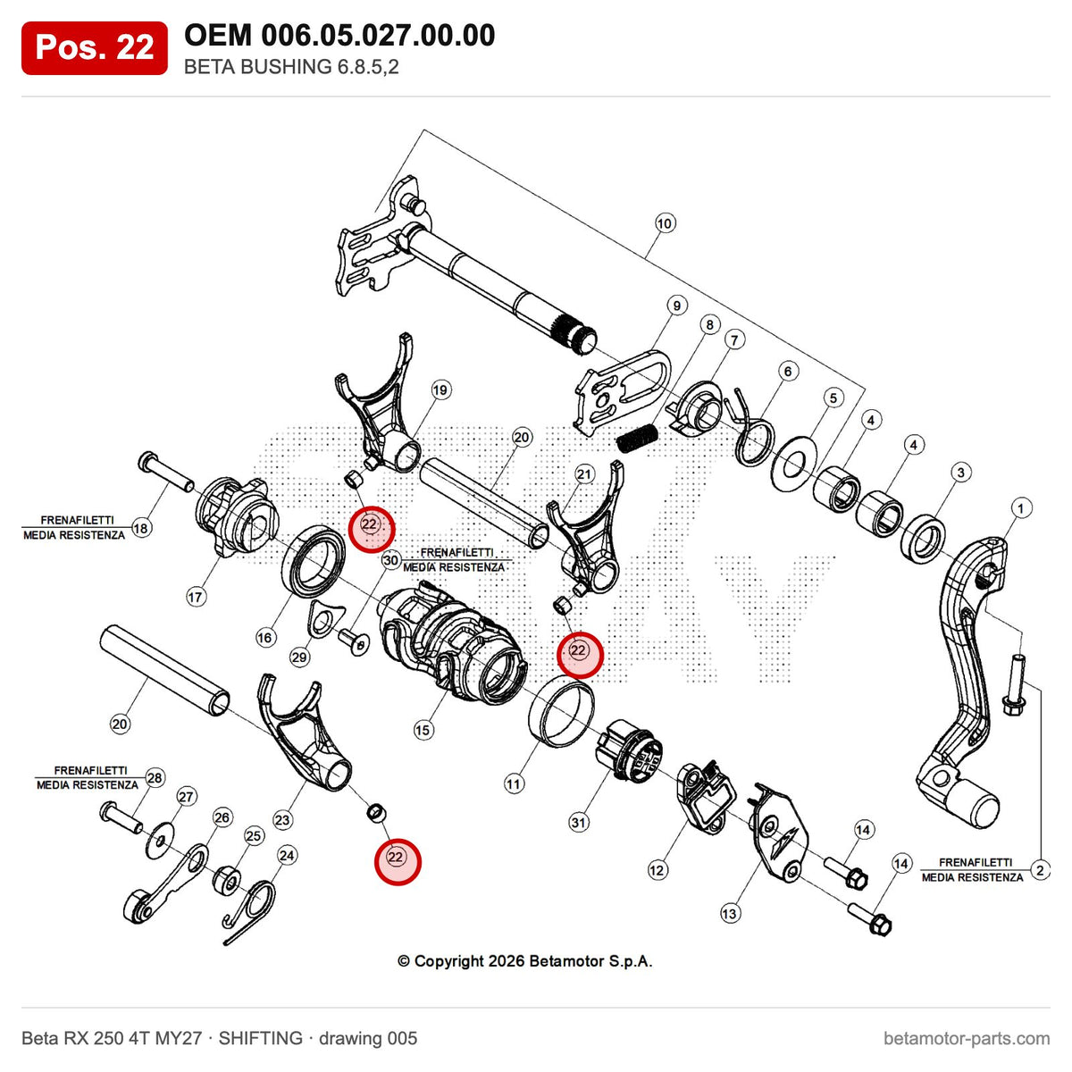BETA BUSHING 6.8.5,2 – OEM 006.05.027.00.00, position 22 on the Beta RX 250 4T MY27 shifting drawing