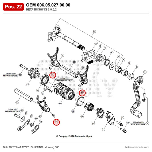 BETA BUSHING 6.8.5,2 – OEM 006.05.027.00.00, position 22 on the Beta RX 250 4T MY27 shifting drawing
