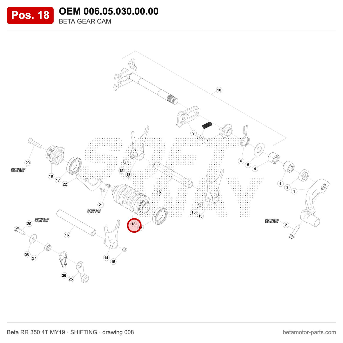 BETA GEAR CAM – OEM 006.05.030.00.00, position 18 on the Beta RR 350 4T MY19 shifting drawing